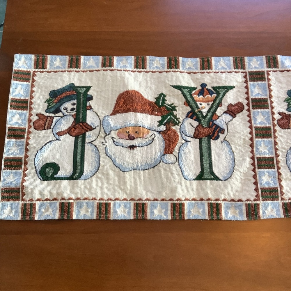 Vintage 90s Christmas Tapestry Table Runner – Santa & Snowmen Form Word "JOY" - Picture 5 of 10